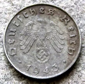 GERMANY THIRD REICH 1943 E 10 REICHSPFENNIG EAGLE HOLDING SWASTIKA Zinc km# 101 - Picture 1 of 6