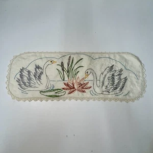 Hand Embroidered Doilie Runner Swans Flower Cattail Birds Pond Vintage - Picture 1 of 8
