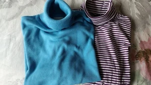 Lote 2 cuellos de tortuga tejidos Yarn Works + Lands End - azul + púrpura a rayas medianos - Imagen 1 de 15