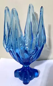 Handkerchief Vase Four Fingers MCM Swung Blue Pedestal Footed Squared Base 8.5" - Picture 1 of 5