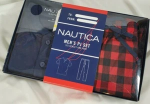 Nautica 2 Pc PJ Set M Short Sleeve Navy Henley Top & Red Plaid Bottom Sleepwear - Picture 1 of 6