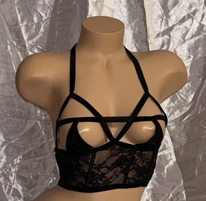 Black Sheer Lace Underwire Boned Tie Around Neck Bra Brassiere Bustier - Picture 1 of 7