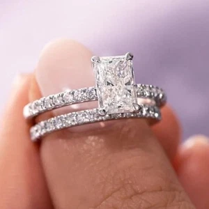 1.75CT Radiant VVS1 Moissanite Bridal Set Engagement Ring 14K White Gold Plated - Picture 1 of 11