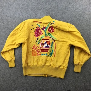 VINTAGE I.B. Diffusion Jacket Womens Medium Yellow Linen Embroidered Floral 90s - Picture 1 of 18