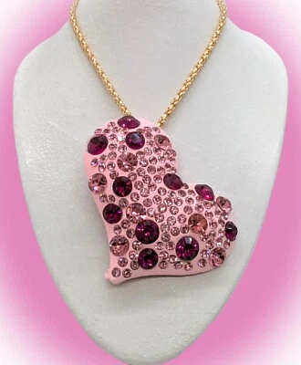 Sparkly! Betsey Johnson Baby Pink  Heart Shades of Rose Crystals Necklace Brooch - Image 1 of 4