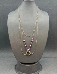 Circle Pendant Layered Necklace 26 In Purple Beaded Silver Iridescent Pearl Glam - Picture 1 of 6