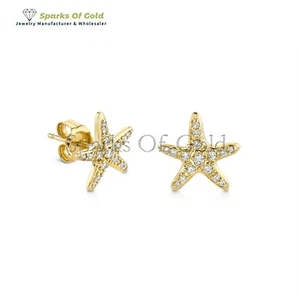 Pave Diamonds Starfish Stud Earrings 14k Yellow Gold Fine Jewelry Birthday Gift - Picture 1 of 4