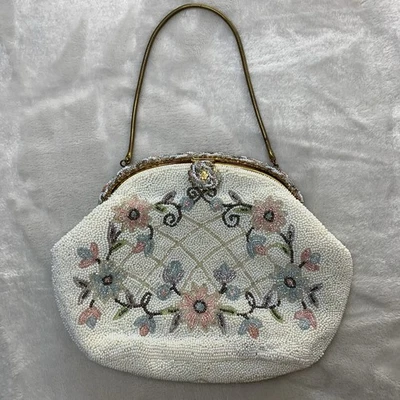 Vintage 50s Ed B. Robinson Micro Bead Handbag Made In France Floral Coquette - Image 1 of 4