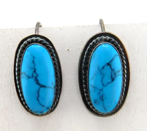 Taxco Mexico 925 Sterling Silver Oval Turquoise w Cable Edge Dangle Earrings - Picture 1 of 8