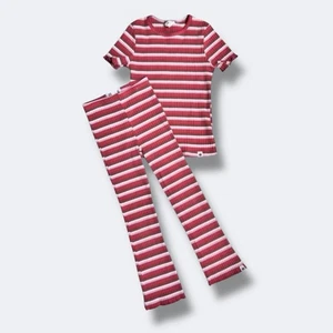Cotton On Kids Girls Set Size 6 Ribbed Stripe Top Flare Pants Lettuce Trim - Picture 1 of 8