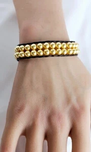 Women's Swarovski Pearl Beads Leather Strung Adjustable Women,s Bracelet - Picture 1 of 4