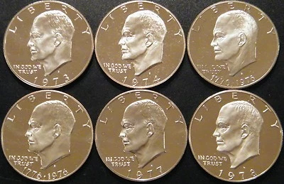 1973-1978 S Eisenhower Dollar Cameo Proof Run Clad Ike Lote EUA Estado Perfeito 6 Conjunto de Moedas. - Imagem 1 de 4