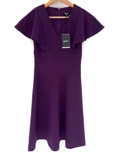 DKNY Donna Karan Damen Gr. 2 Etuikleid mit V-Ausschnitt und Rüschenärmeln Lila Pflaume - Bild 1 von 11
