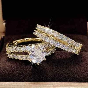 2 Pcs/set Bridal Wedding Rings 18K Plated 6 Prong Setting Zircon Women Gift New - Picture 1 of 4
