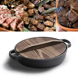35cm Black Round Cast Iron Deep Baking Pizza Frying Pan Skillet with Wooden Lid - Picture 1 of 10