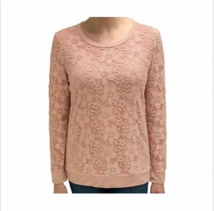 Adrianna Papell Womens Lace Overlay Front Lace Sleeves Sweatshirt  L Warm Blush - Picture 1 of 6