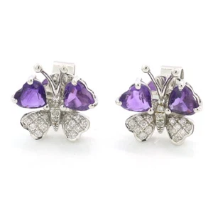 Amatista Brillante Pendientes "Mariposa" 750er Oro Blanco Nuevo - Imagen 1 de 4