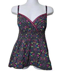 Tommy Hilfiger Babydoll Tank Top Womens Medium Purple Blue Floral Smocked - Picture 1 of 10