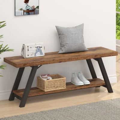 Wood Bench, Industrial Storage Entryway Indoor Bench for Bedroom Hallway Living - Image 1 of 4