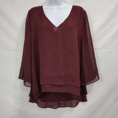 Jennifer Lopez Burgundy V Neck 3/4 Bell Sleeve Blouse Size M Flowy Office - Image 1 of 4