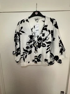 Ladies Linen Rich Black & White Bolero Style Jacket Size 16 Elastic Hem Tvb - Picture 1 of 10