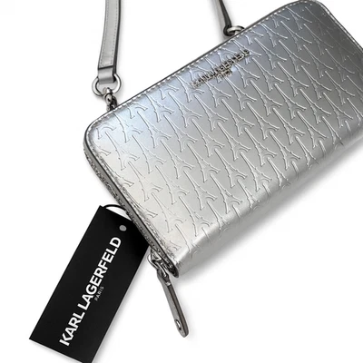 NWT Karl Lagerfeld Paris Eiffel Tower Embossed Crossbody Wallet Bag Silver - Image 1 of 4