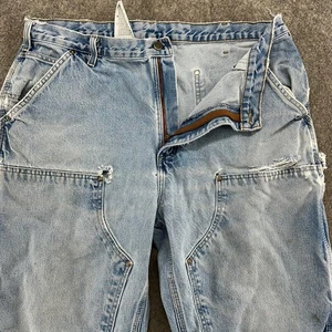 Carhartt Jeans Mens 37x32 Blue Light Wash Double Knee Dungaree Workwear Thrashed - Picture 1 of 21