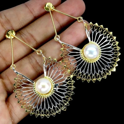 925 Sterling Silver Earrings Round White Pearl 9mm Natural Jewelry - Image 1 of 4