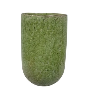 Candy Apple Green Crackled Glaze Clay Pottery Vase Vtg 7" Tall X 4.25" Diameter - Picture 1 of 5