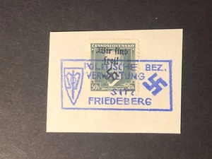 SUDETENLAND WWII - DEUTSCHES OCC. Lokale OVPT FRIEDEBERG blaue Briefmarke, auf Pap. #b24 - Bild 1 von 2
