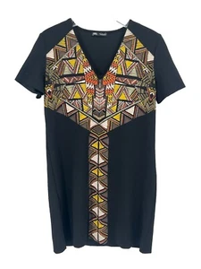 Zara Black V Neck T Shirt Dress Tribal Short Sleeve Sz Small - Picture 1 of 5