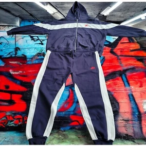 90s Nike Mens 3X Navy Tracksuit Set Hooded Jacket & Joggers White Tag Embroidere - Picture 1 of 20
