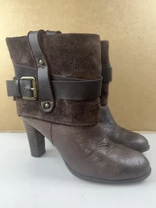 Nine West Leather / Suede Fold Over Buckle Heeled Ankle Cowgirl Moto Boots 6M - Picture 1 of 9