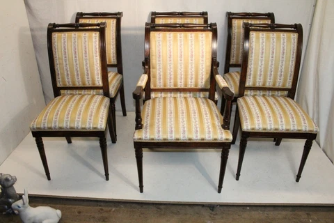 Charming Set of Six 6 Regency Style Maple Dining Room Chairs, New Upholstery Cover