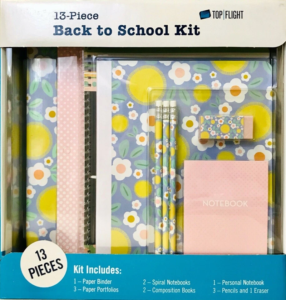 Kit de regreso a la escuela Top Flight 13 piezas flores rosas y azules cuadernos carpeta lápices Foto 1 de 2