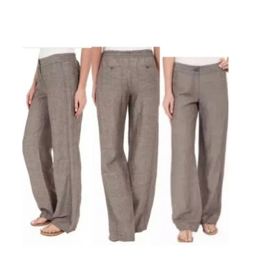 Pantalones Nic Zoe Mujer 10 Marrón Lino Pierna Ancha Tiro Medio Bolsillos Pantalones Preppy Foto 1 de 4