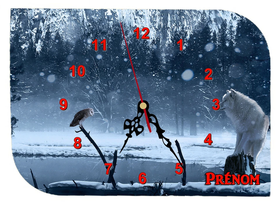 horloge pendule murale REF F21 CHOUETTE LOUP  à personnaliser PRENOM  AU CHOIX - Photo 1/1