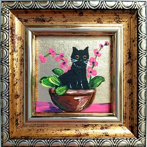Schwarze Katze Gemälde gerahmt handgemalt lustig süß Kätzchen in einer Vase mit Blumen - Bild 1 von 10