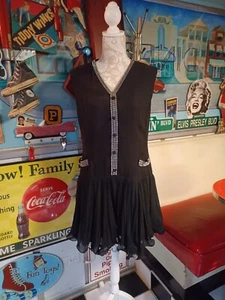 True Vtg Mid-century 1960s Drop Waist Rhinestone Black Dress Cocktail Prom MCM - Picture 1 of 23