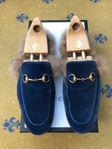 Gucci Scarpe Princetown Mocassini Ciabatte UK 8 US 8.5 EU 42 Uomo Mule Blu Velluto - Foto 1 di 10
