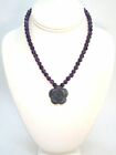 925 Sterling Silver / Amethyst Bead Necklace w Rose Pendant 32.4 grams