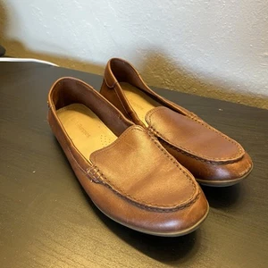 Hush Puppies Tan Brown Leather Loafers Womens Size 9 Slip On Shoes Narrow Etroit - Picture 1 of 8