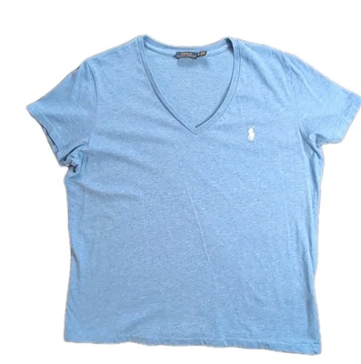 Polo Ralph Lauren Top Shir Womens Large Blue V Neck Embroidered Logo Heathered - Image 1 of 4
