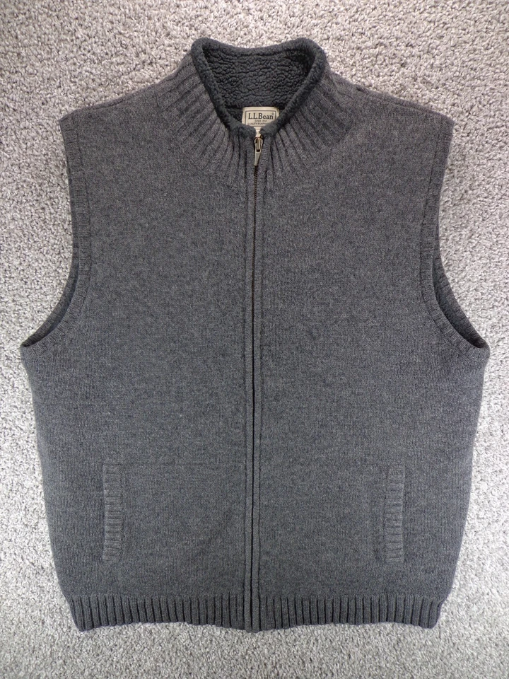 Chaleco Suéter de Lana LL Bean Para Hombres Grande Gris Cremallera Completa Forrado Sherpa Bolsillos Cálidos Foto 1 de 4