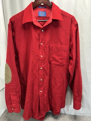 VTG Pendleton Shirt Men's L Cherry Red 100% Virgin Wool Leather Elbow Patch USA - Image 1 of 4