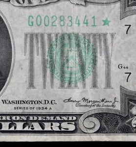 $20 1934A Star Mule Federal Reserve Note G00283441* series A, twenty $, Chicago - Picture 1 of 4