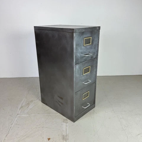 VINTAGE INDUSTRIAL STRIPPED METAL SLIM FILING CABINET CHEST 3 DRAWERS #3733 Cover