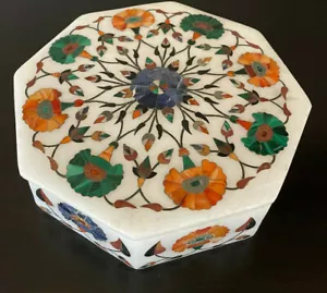 Pietra Dura White Marble and Semiprecious Stones Inlay Jewelry Box - Picture 1 of 6