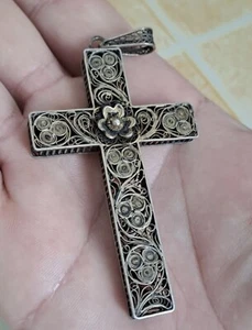 Antique Silver Filigree Cross Crucifix Jesus Christ Master Handcrafted  Church - Picture 1 of 5