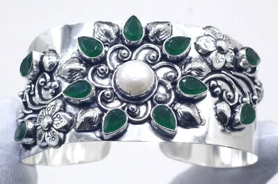 925 Sterling Silver Mother Of Pearl Gemstone Jewelry Cuff Bracelet Size -ADJ - Image 1 of 3